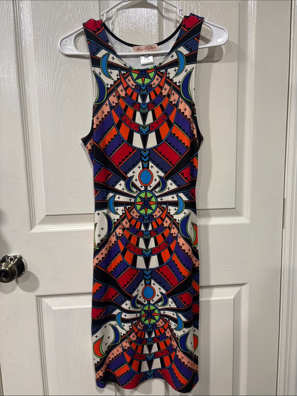 Mara Hoffman Sleeveless Geometric Midi Dress in Orange, Purple, Navy & Cream